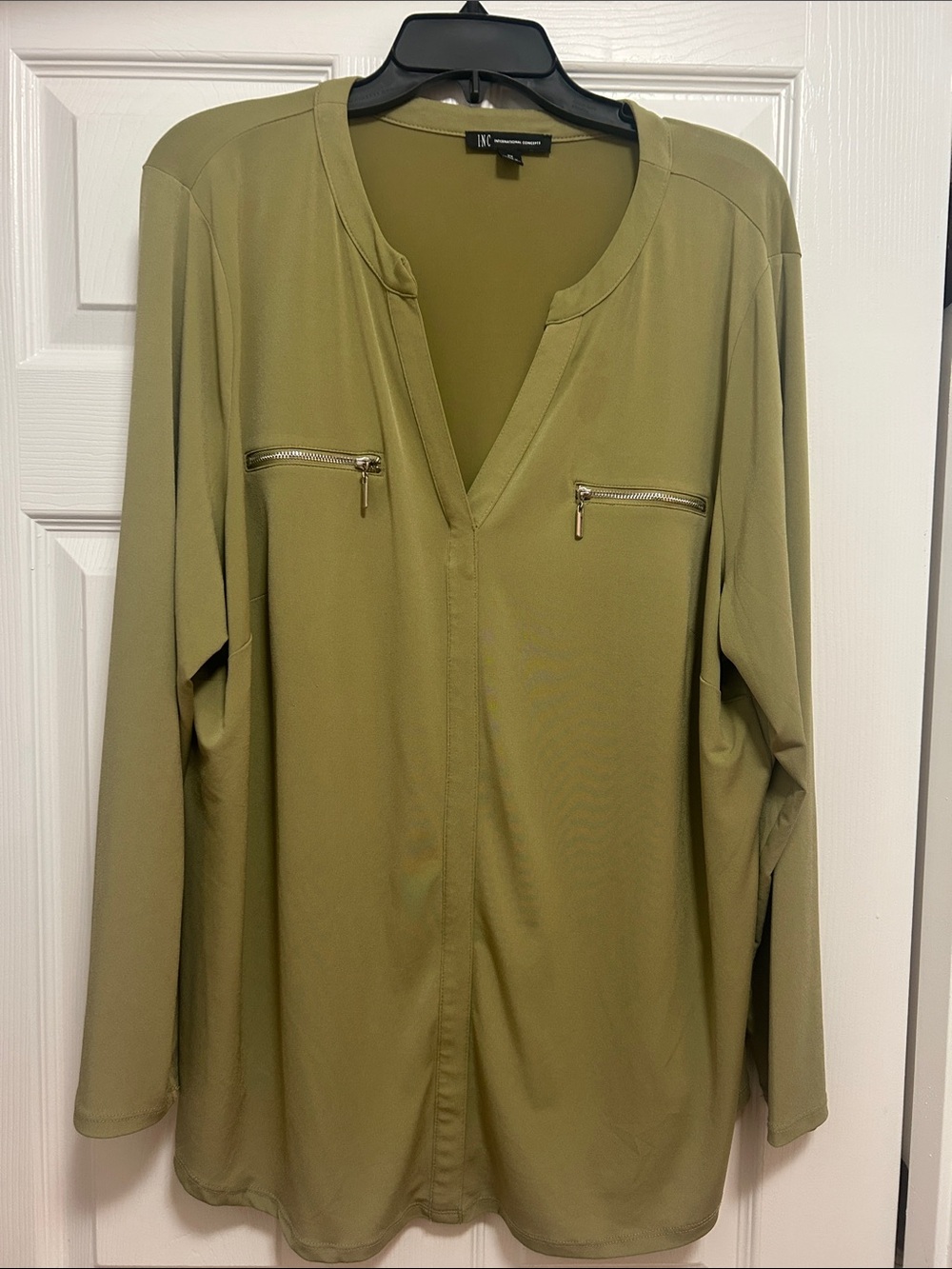 INC International Concepts Olive Zip-Pocket V-Neck Jacket